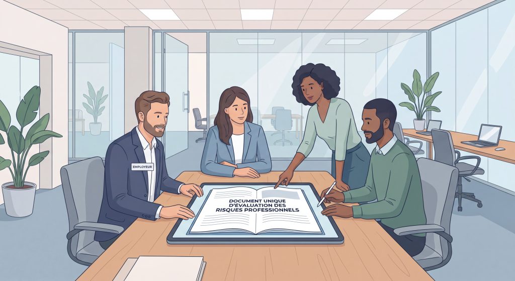 Quatre personnes discutent autour d'un document intitulé 'DOCUMENT UNIQUE D'ÉVALUATION DES RISQUES PROFESSIONNELS' dans un bureau lumineux.